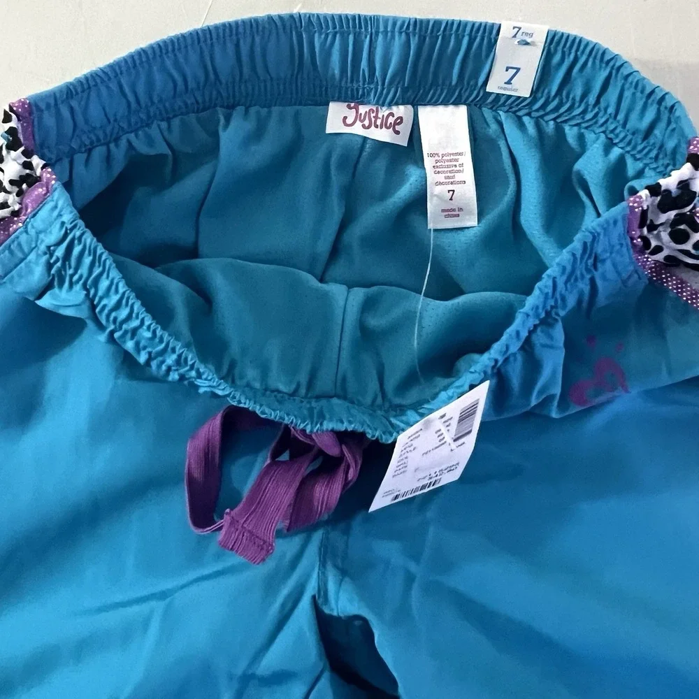Justice Girls Blue Athletic Track Pants Purple Trim Leopard Print‎ Size 7 NWT